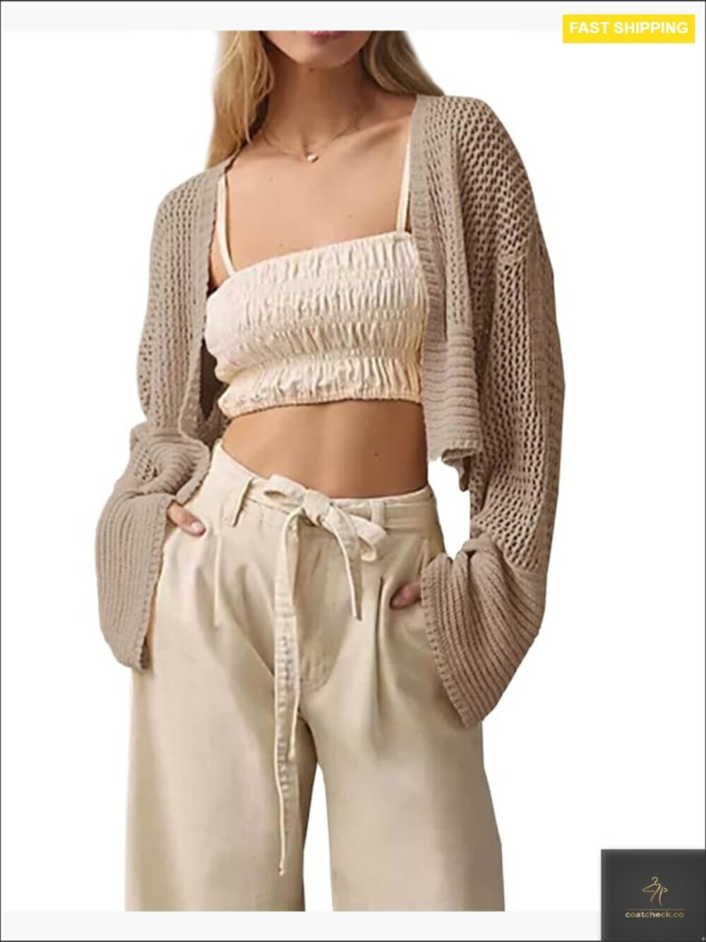 Cropped Open Front Knit Cardigan Lightweight Long Sleeve Boho Cardigan Sweater
